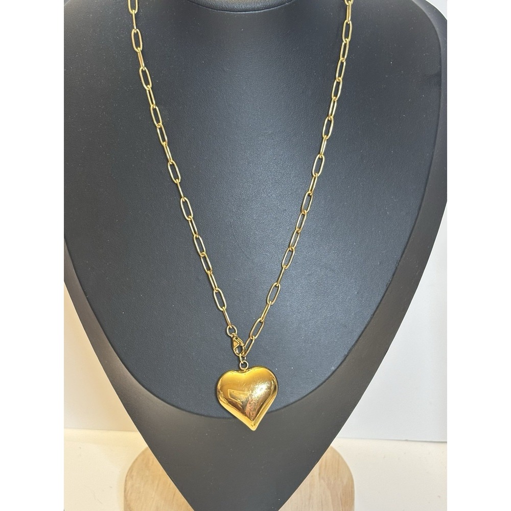 Y2K Puffy Heart Pendant Necklace Gold Tone 17" Paperclip Chain Statement